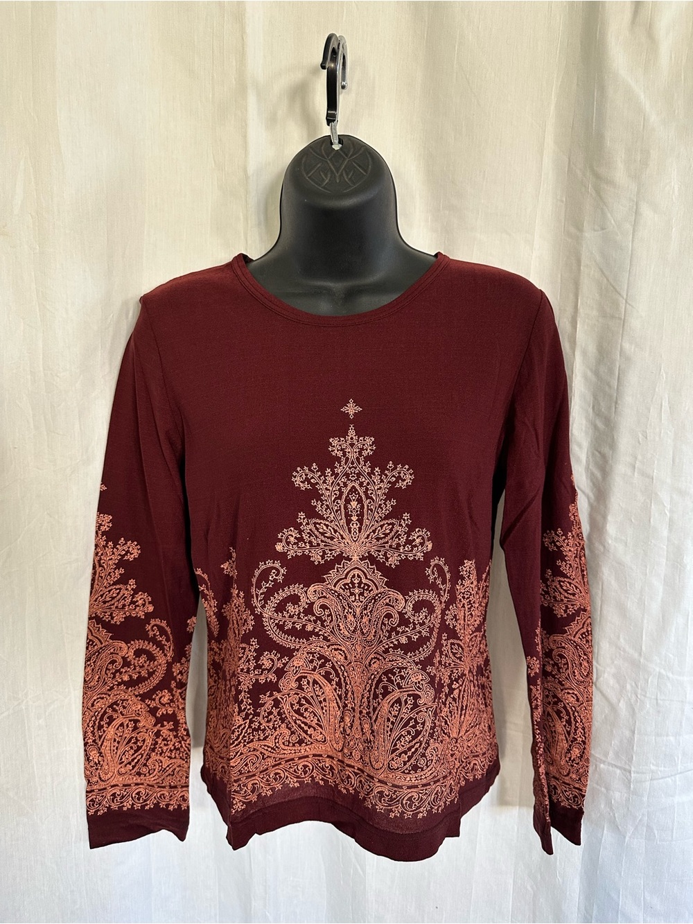 Vintage 90s Women's Long-Sleeve Paisley Print Top in Maroon